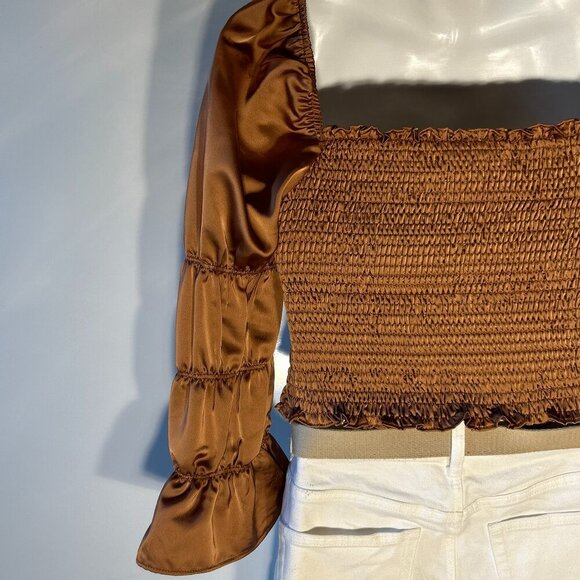Storia NWT SZM Copper Brown Milkmaid Smocked Peasant Top Romantic Boho Glam - Picture 2 of 9